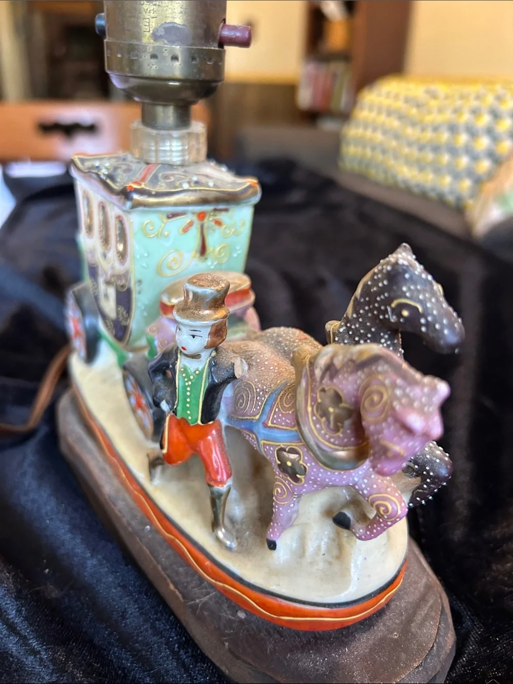 Vintage Ceramic Carriage Lamp with Horse and Driver - Multicolor